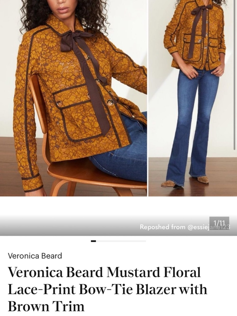 Veronica Beard Mustard Floral Lace-Print Bow-Tie Jacket with Brown Trim